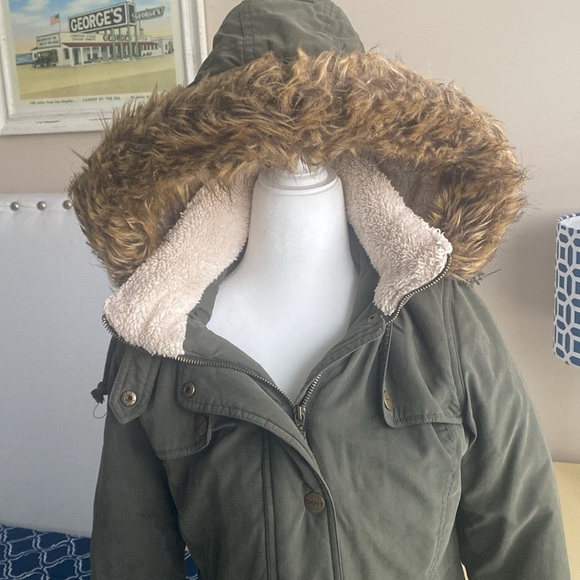 DKNY Anorak Coat Faux Fur Hooded Olive Green, XS - Picture 2 of 8